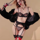 Black White Lace Bra & Panty Set with Garter Belt