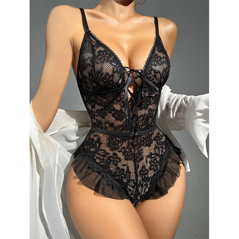 Hollow Lace Crotchless Bodysuit – Sexy Deep V Teddy