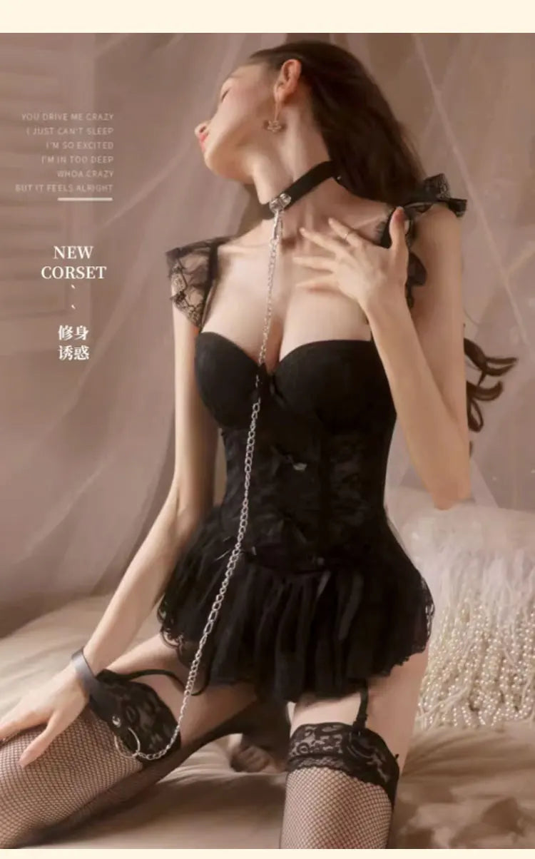 Pink French Lace Corset Bra & Thong Lingerie Set