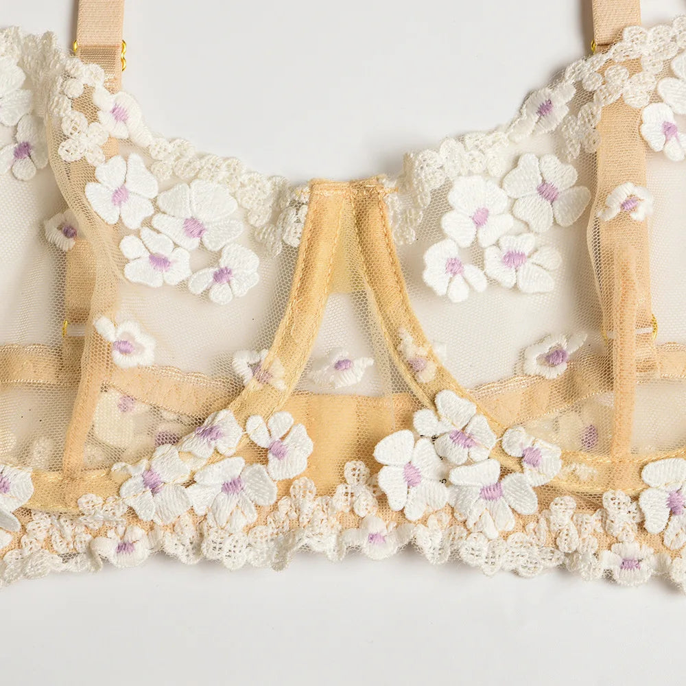 Floral Lace Transparent Bra & Thong Lingerie Set (3pcs)