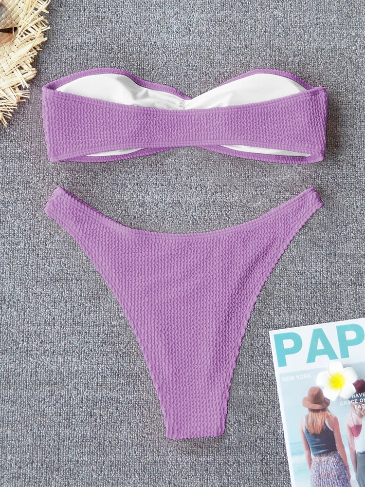 Sexy Textured Bikini 2025 Bandeau Swimsuit Women Swimwear Push Up Bikini Set Solid Bathing Suit Beach Wear Biquini Female