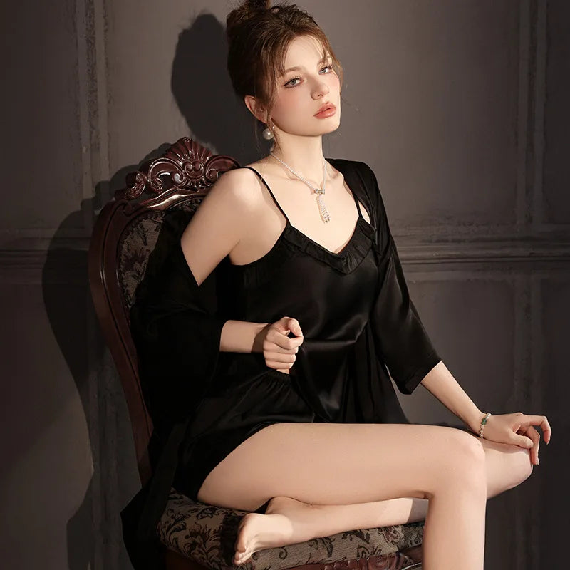 3-Piece Satin Nightwear Set – Sexy Ice Silk Robe, Top & Shorts for Women