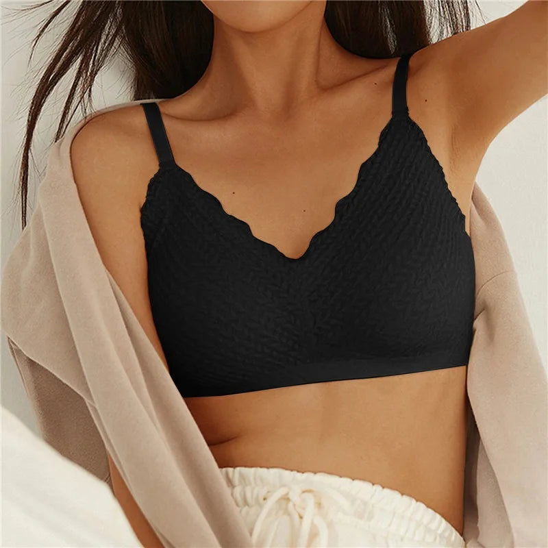 Seamless Lace Wireless Bra – V-Neck Push-Up Bra with Detachable Cups