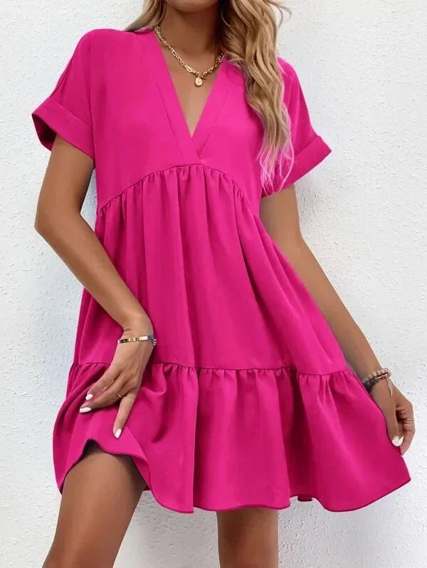 Women's Short Dress New Summer Style Fresh And Sweet V-neck Solid Color Large Swing Elegant Casual Short Dress