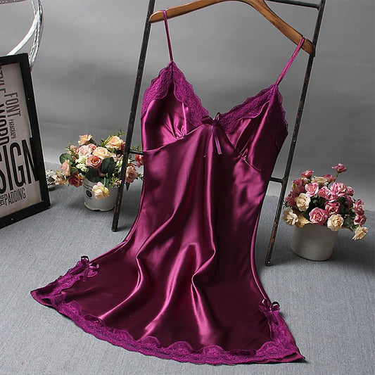 Satin Lace Nightdress – Sexy Solid Color Wrap Sleepwear Short Dress