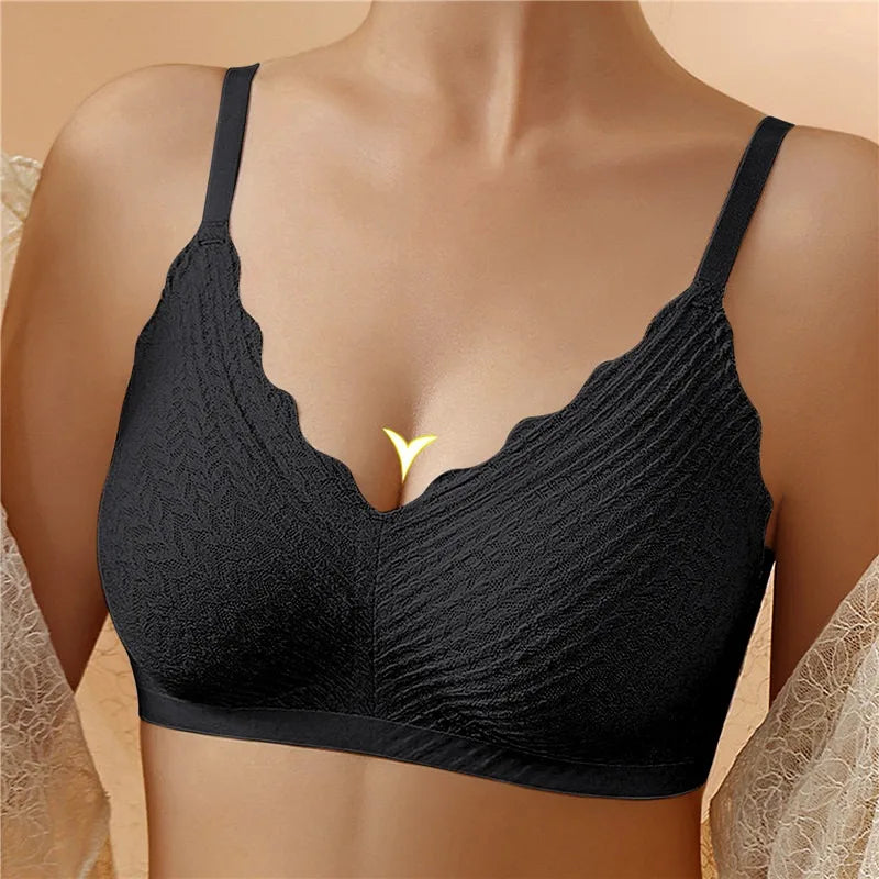 Seamless Lace Wireless Bra – V-Neck Push-Up Bra with Detachable Cups