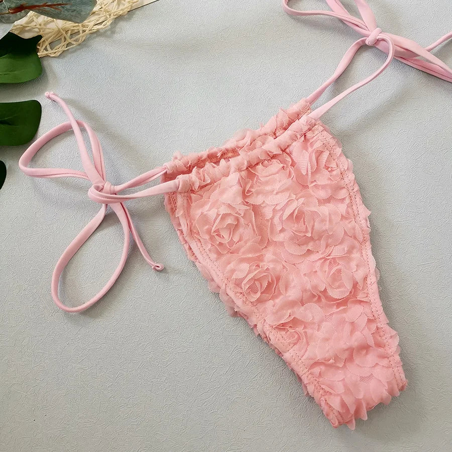 Women's Sexy 3 Piece Bikini Set 3D Flower Beach Skirt Swimsuit Pure Pink Triangle Halter Backless Thong Swimwear 2025 Summer New