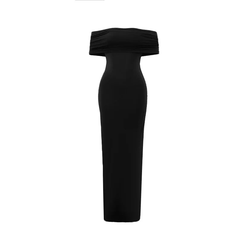 Women's European and American summer sexy temperament, one shoulder exposed backpack, hip cinched pleated solid color dress