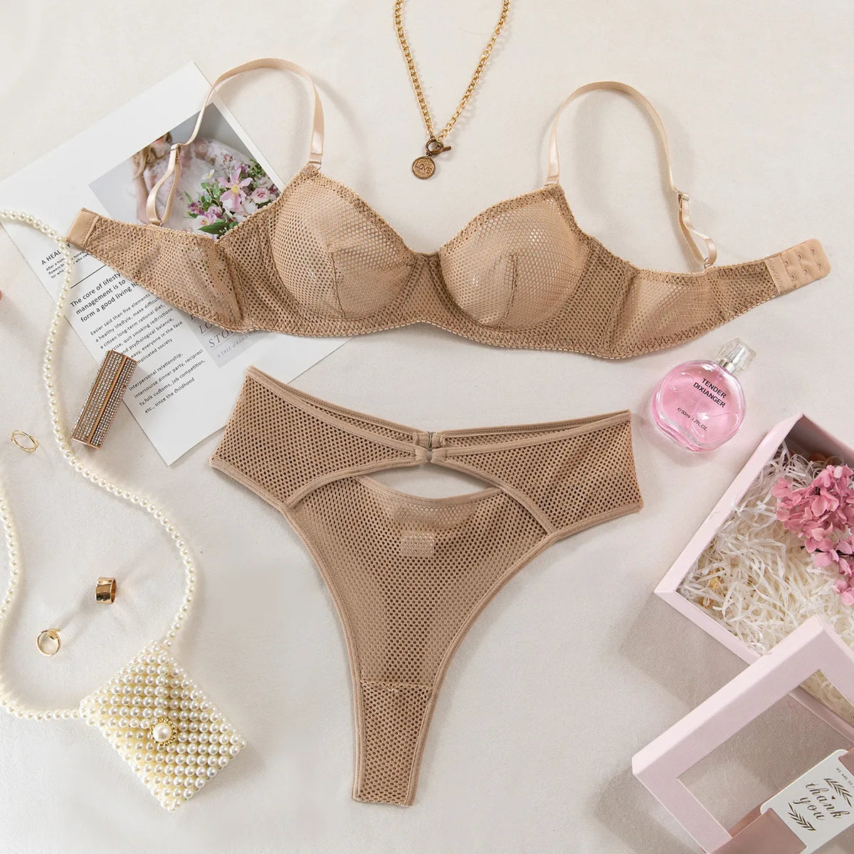 Sheer Mesh Embroidery Bra & Thong Set (2pcs)