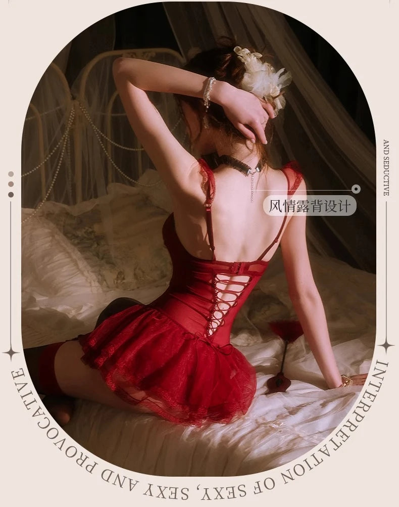 Sexy Red Lace Corset Bra & Brief Set Nightwear