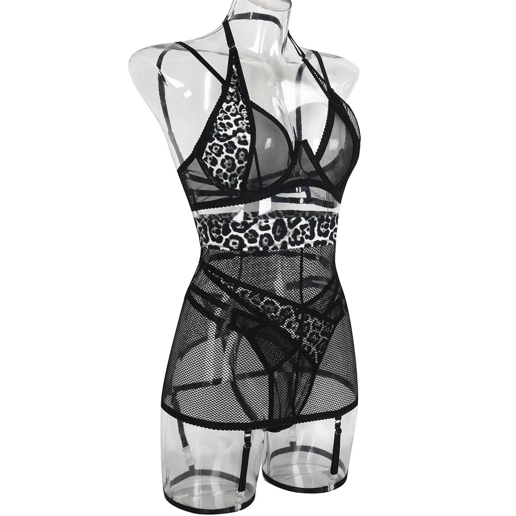 Leopard Patchwork Mesh Lingerie Set (3pcs)