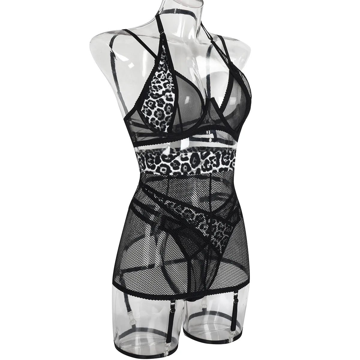 Leopard Patchwork Mesh Lingerie Set (3pcs)