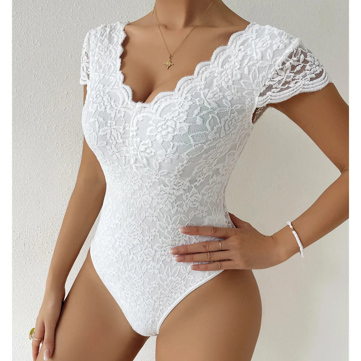 Women’s Floral Embroidery Lace Teddy – V-Neck Backless Bodysuit