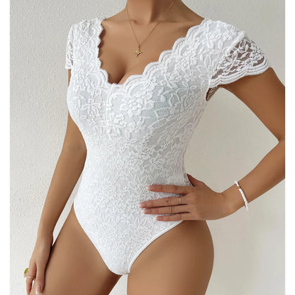 Women’s Floral Embroidery Lace Teddy – V-Neck Backless Bodysuit