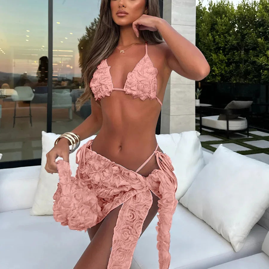 Women's Sexy 3 Piece Bikini Set 3D Flower Beach Skirt Swimsuit Pure Pink Triangle Halter Backless Thong Swimwear 2025 Summer New