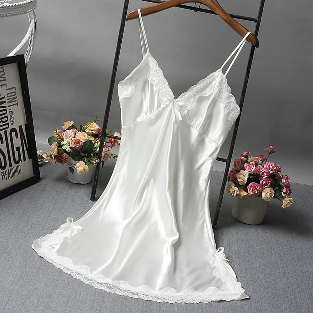 Satin Lace Nightdress – Sexy Solid Color Wrap Sleepwear Short Dress