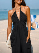 Sexy Deep V-neck Pleated Women Jumpsuit 2025 New Spring Summer Fashion Solid Color Pocket Halter Neck Backless Foot Binding Suit