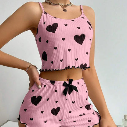 Heart Print Satin Pajama Set – Soft, Sexy Sleepwear for Women