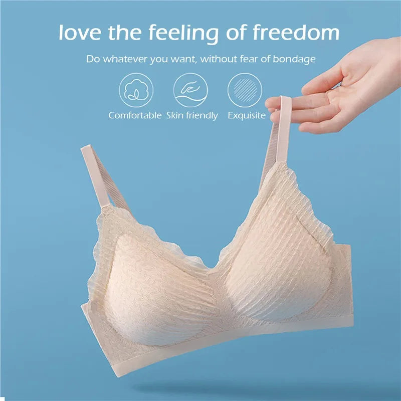 Seamless Lace Wireless Bra – V-Neck Push-Up Bra with Detachable Cups