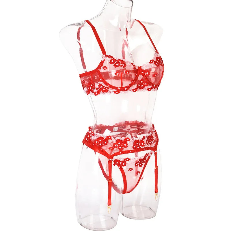 Floral Lace Transparent Bra & Thong Lingerie Set (3pcs)