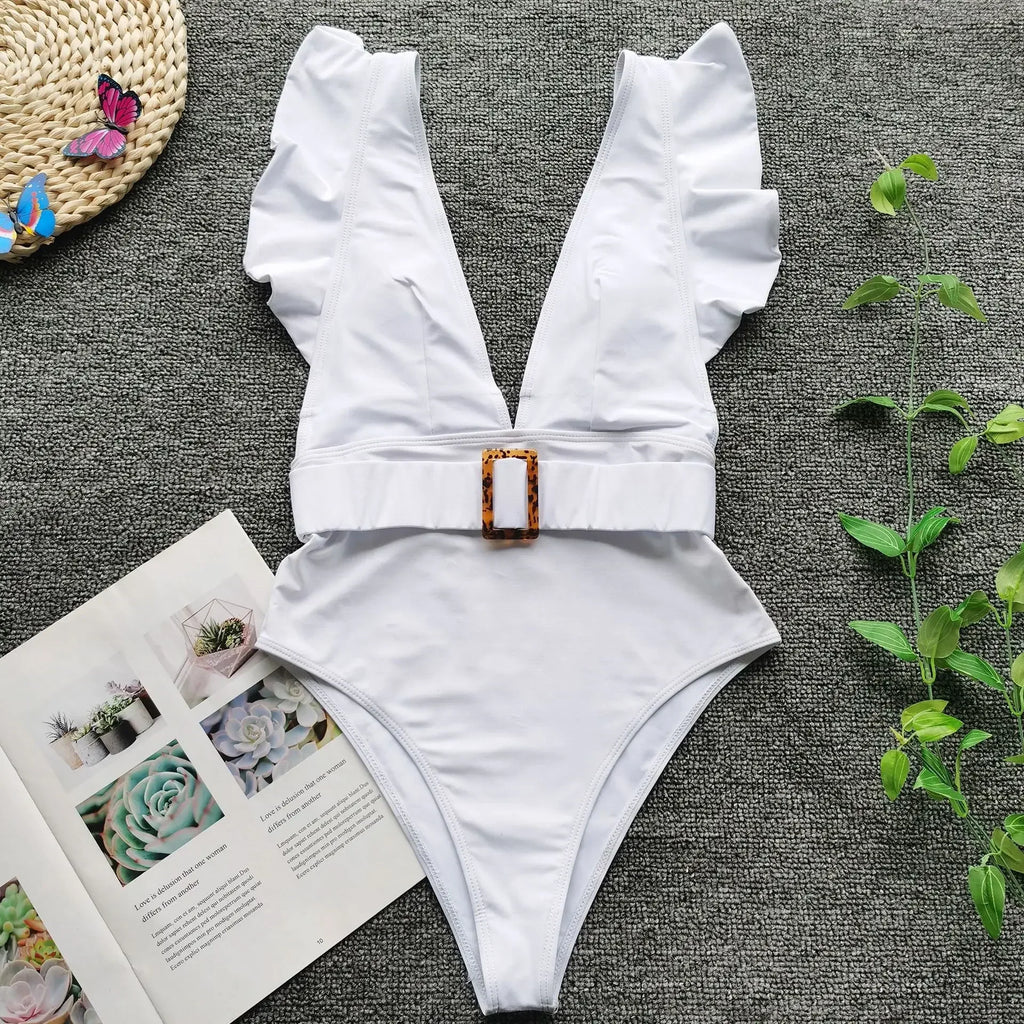 Women’s White & Black Ruffle Monokini – Deep V One-Piece