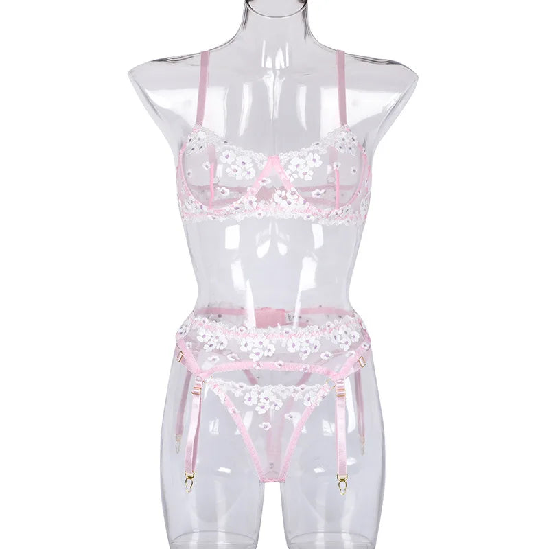 Floral Lace Transparent Bra & Thong Lingerie Set (3pcs)