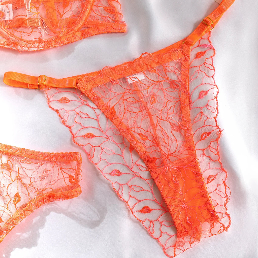 Sheer Mesh Embroidery Lingerie Set (3pcs)