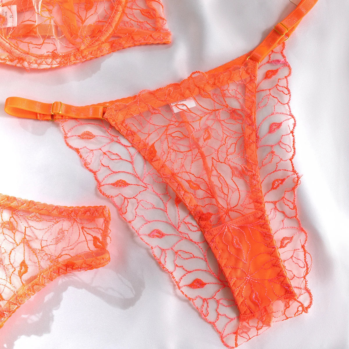 Sheer Mesh Embroidery Lingerie Set (3pcs)