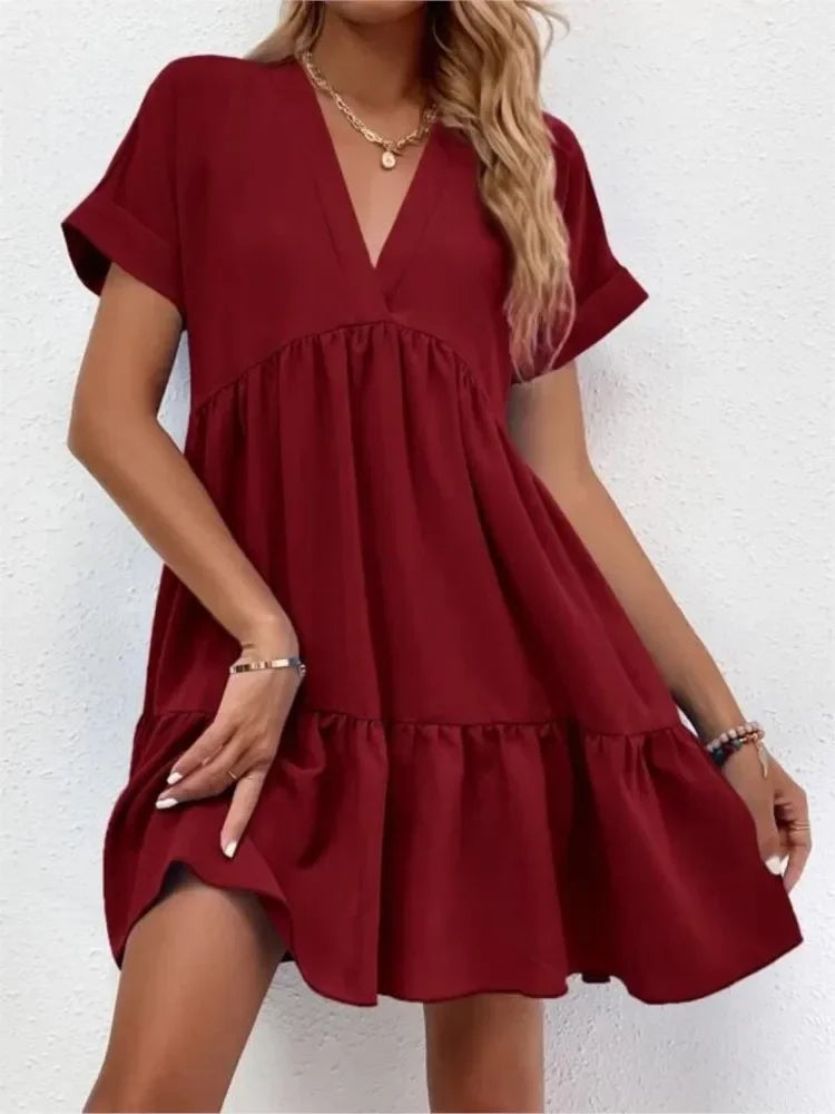 Women's Short Dress New Summer Style Fresh And Sweet V-neck Solid Color Large Swing Elegant Casual Short Dress