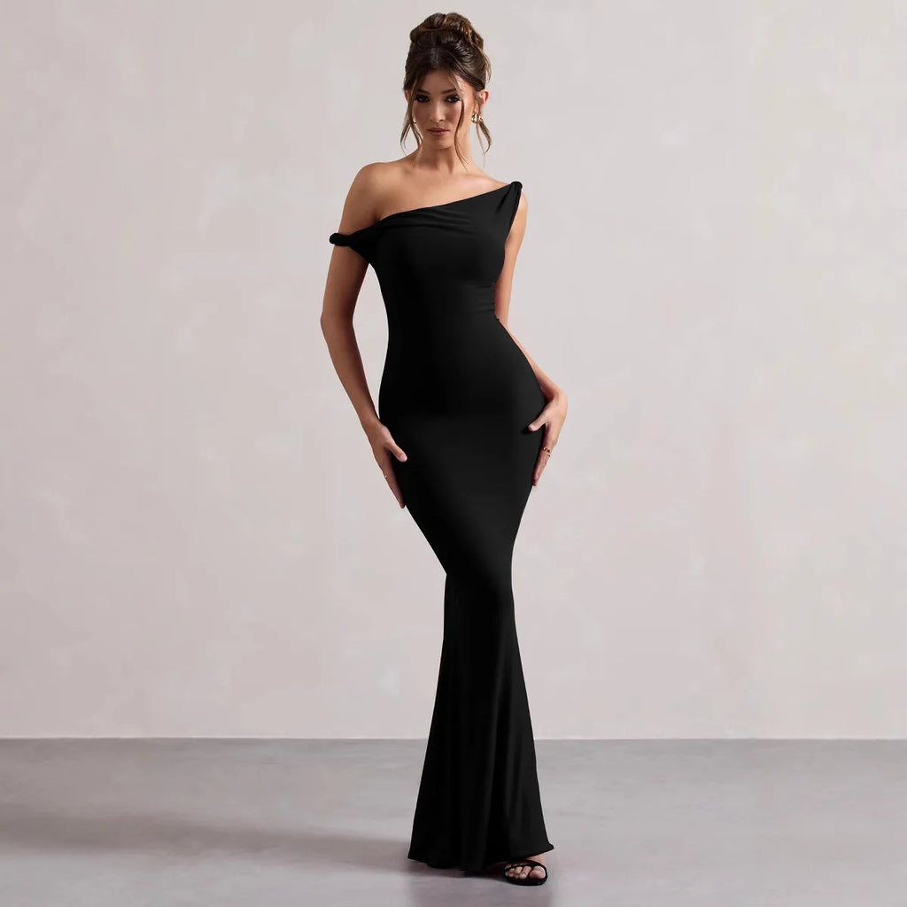 Western-style 2025 Autumn Cross-Border Women's Fashion Sexy Off-shoulder Oblique Shoulder Slim Fit Bodycon Solid Color Dress