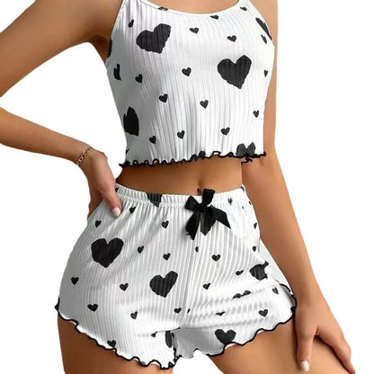 Heart Print Satin Pajama Set – Soft, Sexy Sleepwear for Women