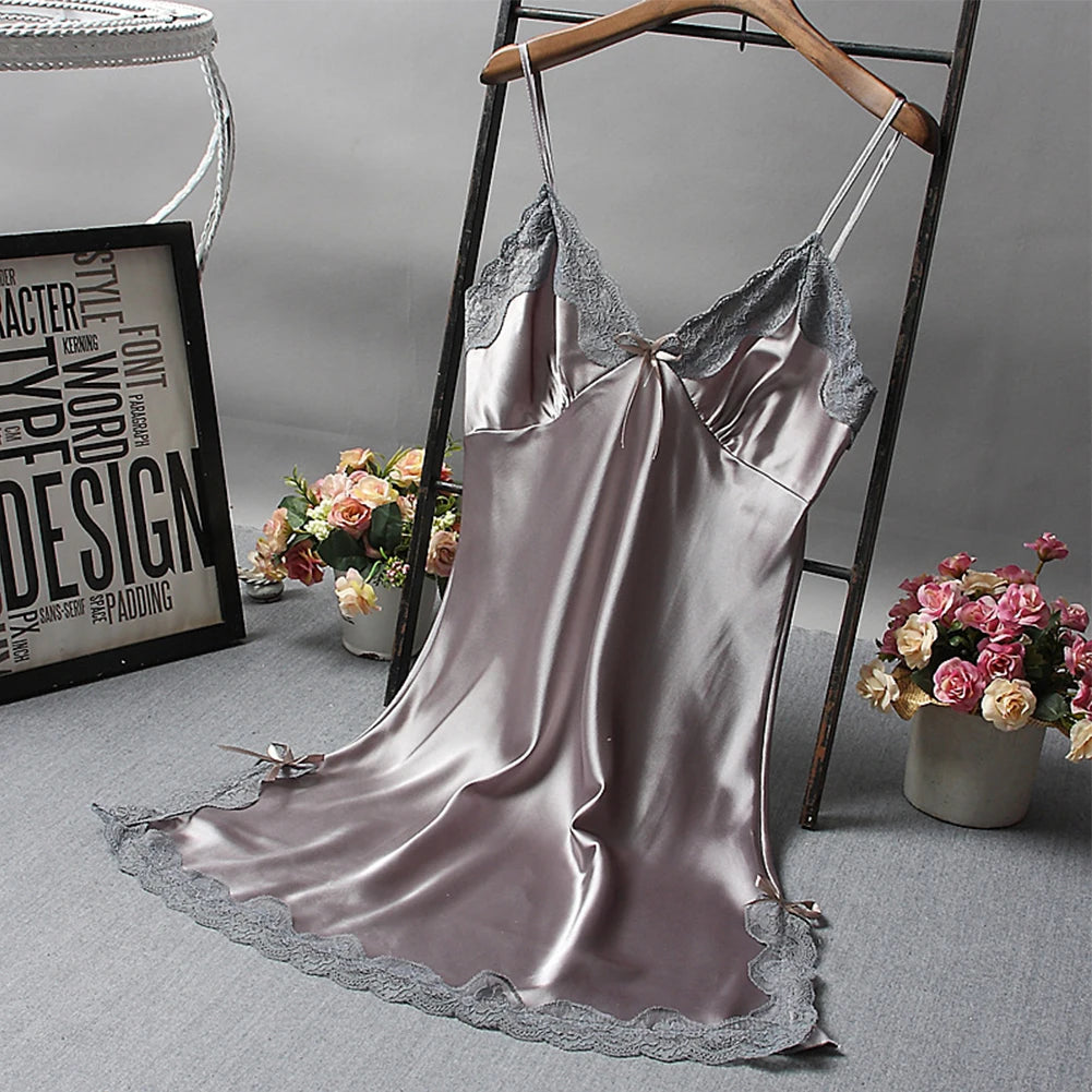 Satin Lace Nightdress – Sexy Solid Color Wrap Sleepwear Short Dress