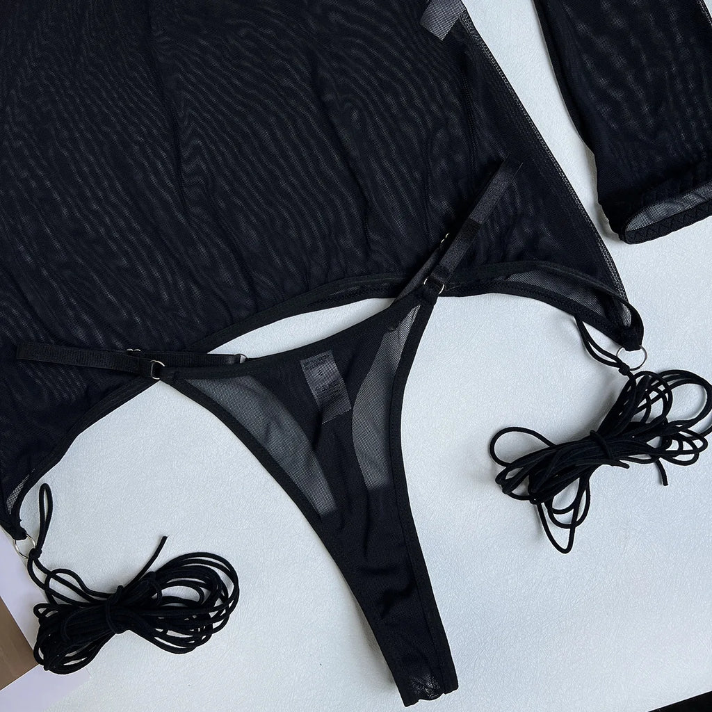 4-Piece Sheer Mesh Lingerie Set – Backless Sexy Nightwear