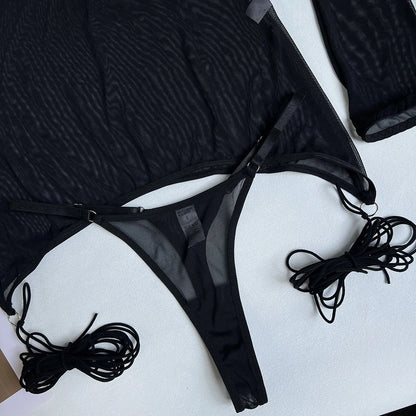 4-Piece Sheer Mesh Lingerie Set – Backless Sexy Nightwear