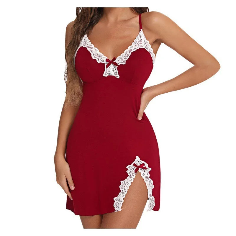 V-Neck Lace Chemise – Sexy Bow Nightdress Sleepwear
