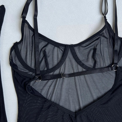 4-Piece Sheer Mesh Lingerie Set – Backless Sexy Nightwear