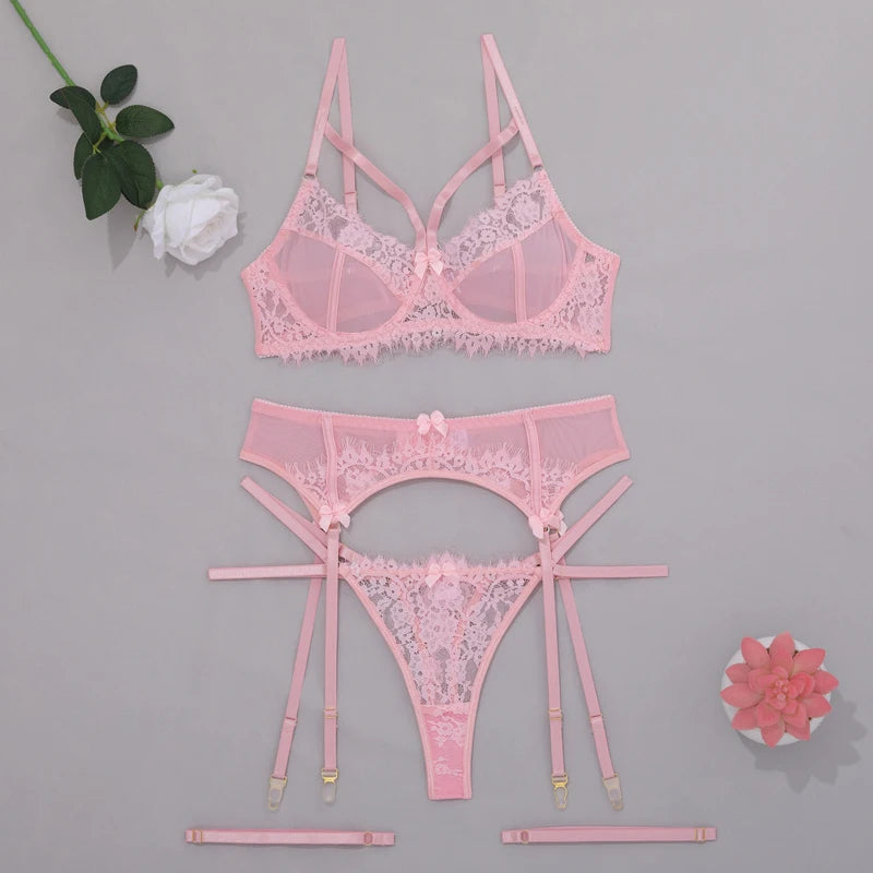 Transparent Lace Bra & Thong with Garter Belt