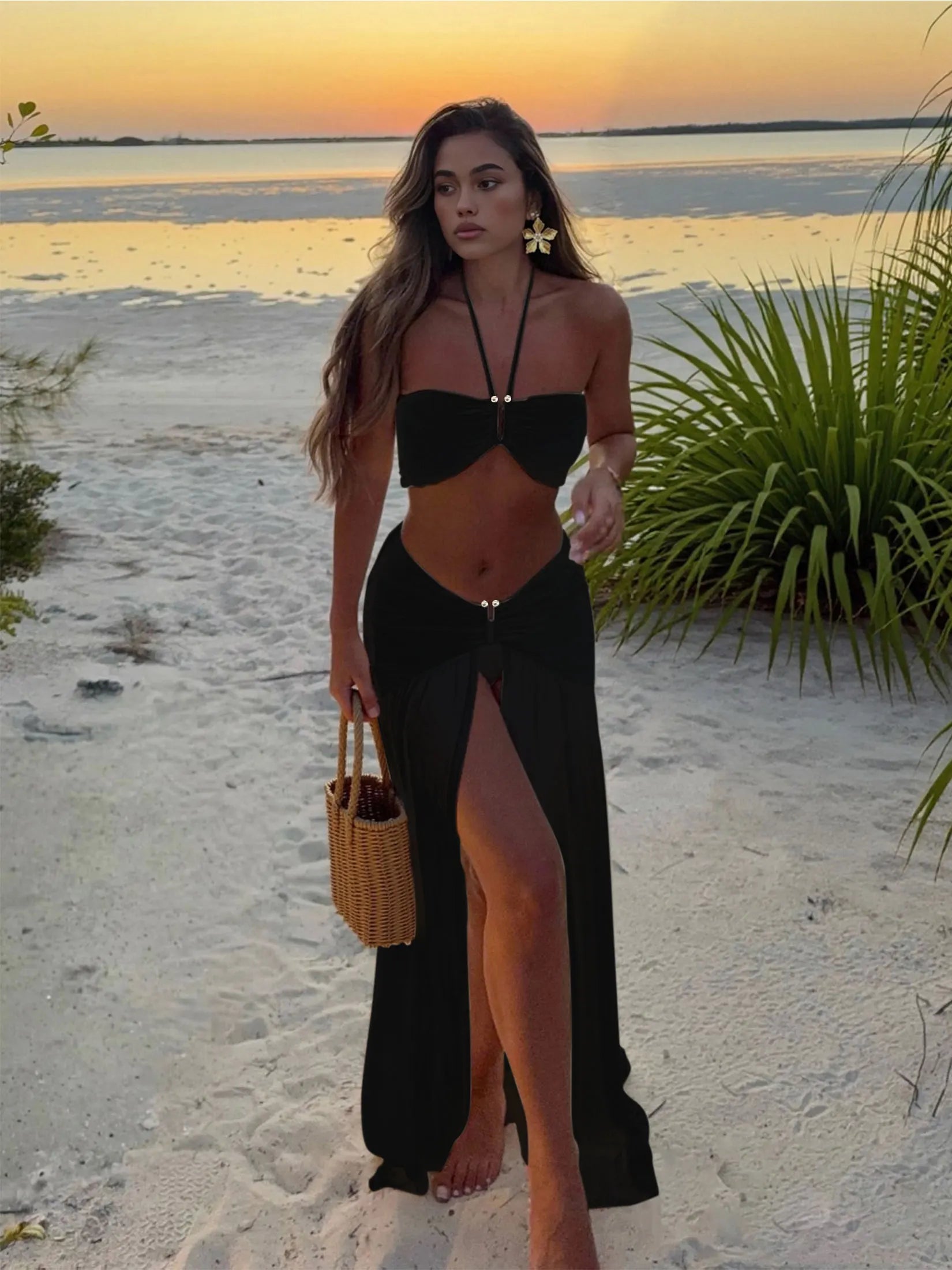 Halter Neck 3 Piece Bikini Set with Sheer Split Maxi Skirt Sexy White Summer Beach Dress Vacations Outfits Pool Party Wear K236