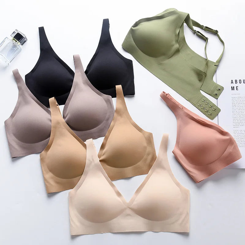 Seamless V-Neck Push-Up Bra – Wire-Free Lace Bra for Small Chest with Gathered Support