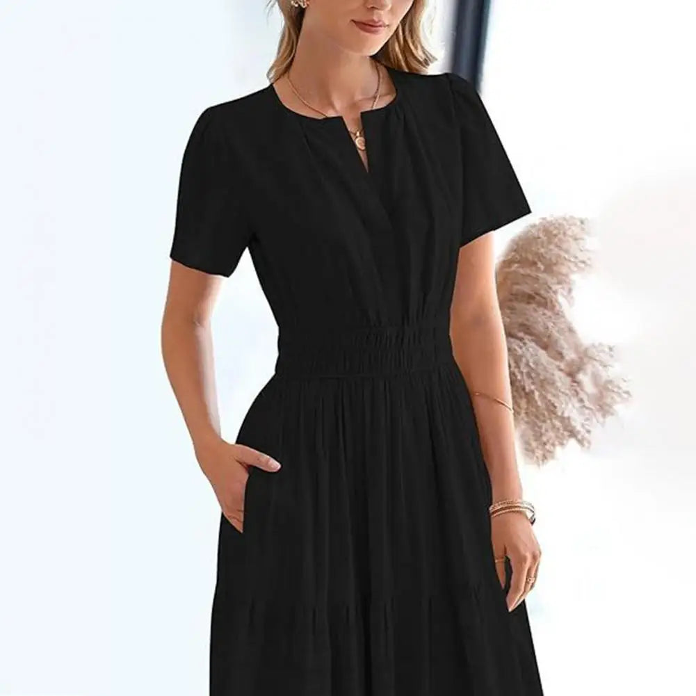 Celebration Party Outfit Elegant V-neck Maxi Dress with Smocked Waist Tiered Flowy Design for Women Summer Pleated Long Dress