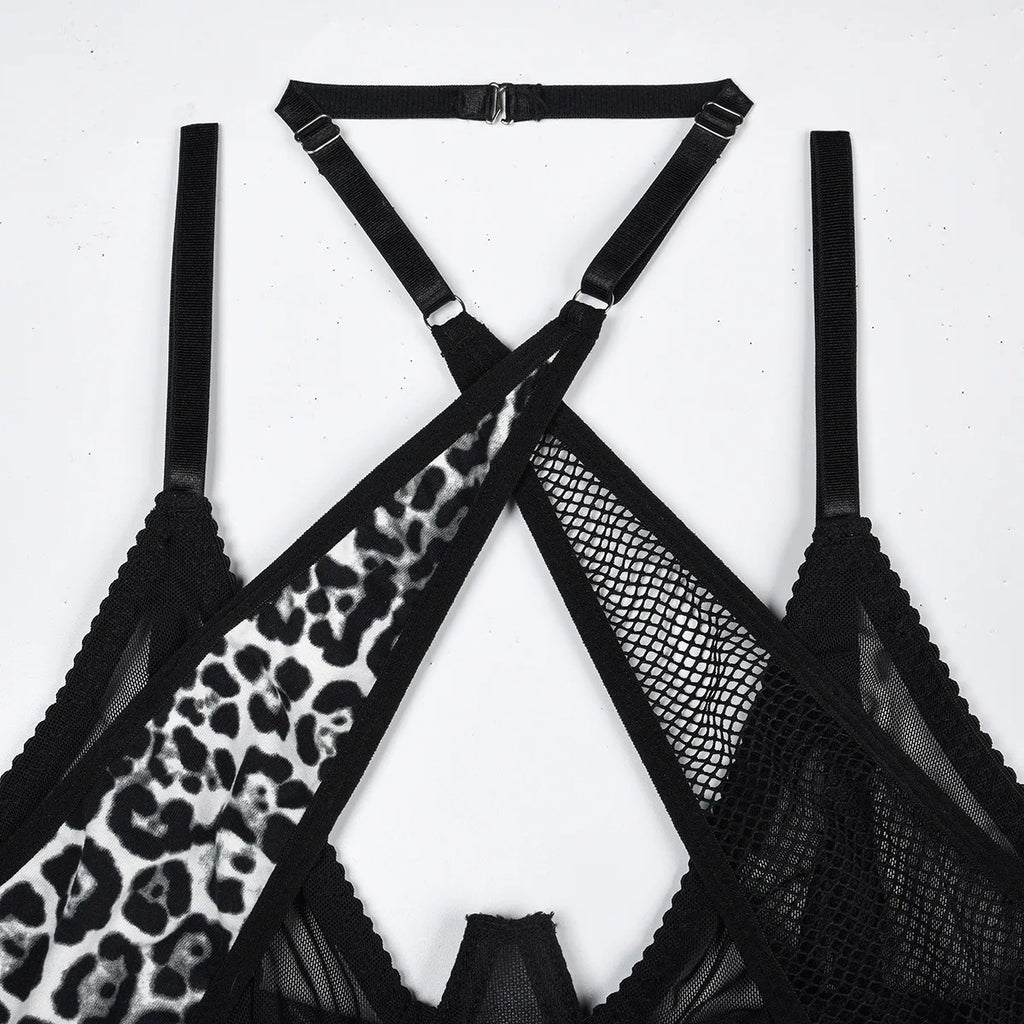 Leopard Patchwork Mesh Lingerie Set (3pcs)
