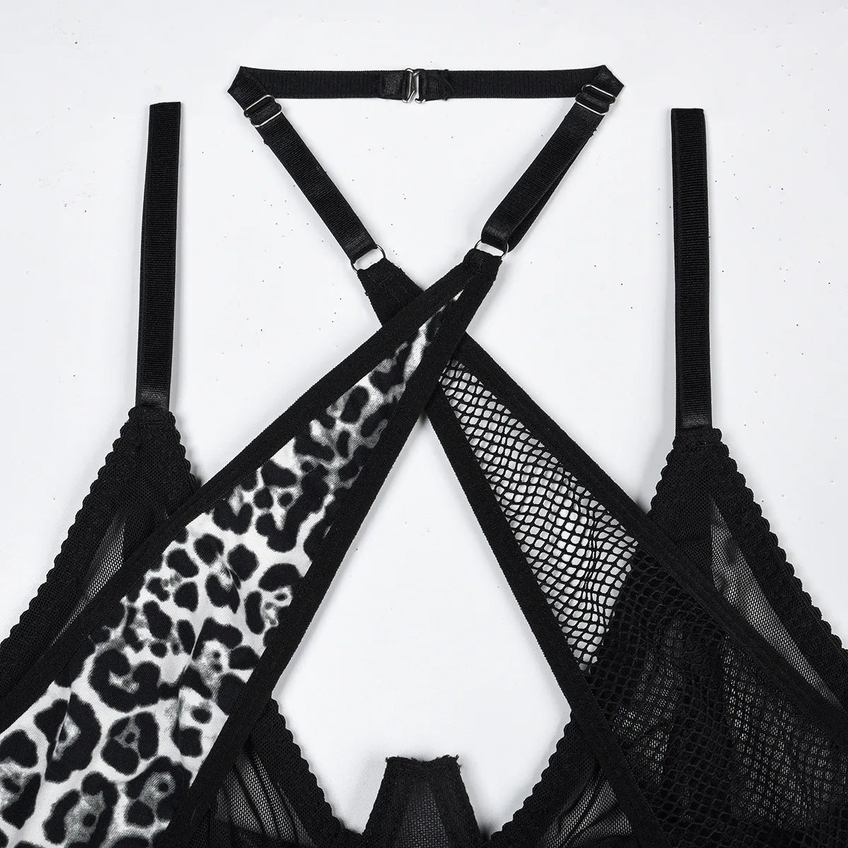 Leopard Patchwork Mesh Lingerie Set (3pcs)