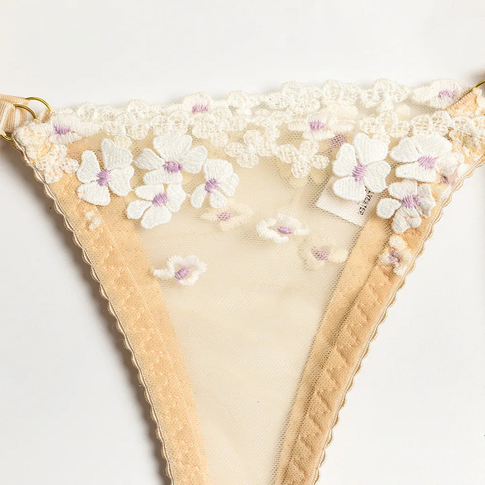Floral Lace Transparent Bra & Thong Lingerie Set (3pcs)