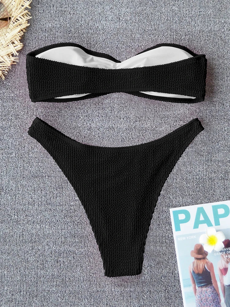 Sexy Textured Bikini 2025 Bandeau Swimsuit Women Swimwear Push Up Bikini Set Solid Bathing Suit Beach Wear Biquini Female