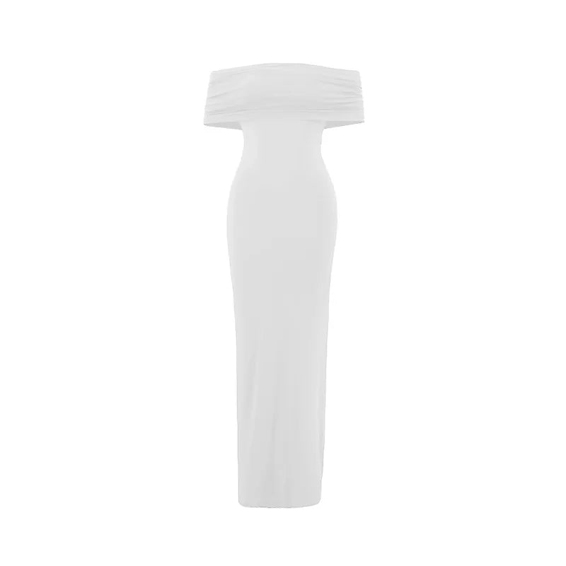 Women's European and American summer sexy temperament, one shoulder exposed backpack, hip cinched pleated solid color dress