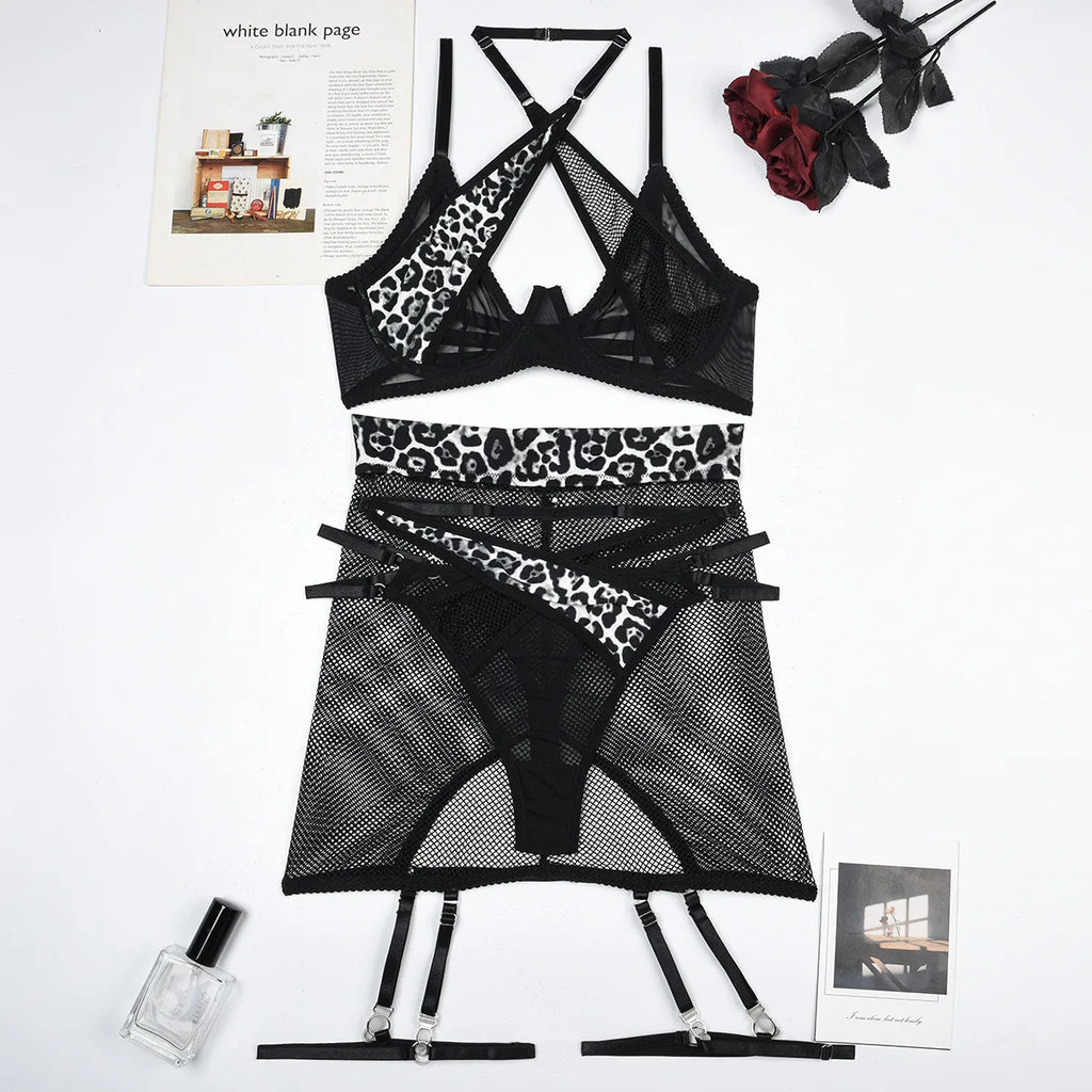 Leopard Patchwork Mesh Lingerie Set (3pcs)
