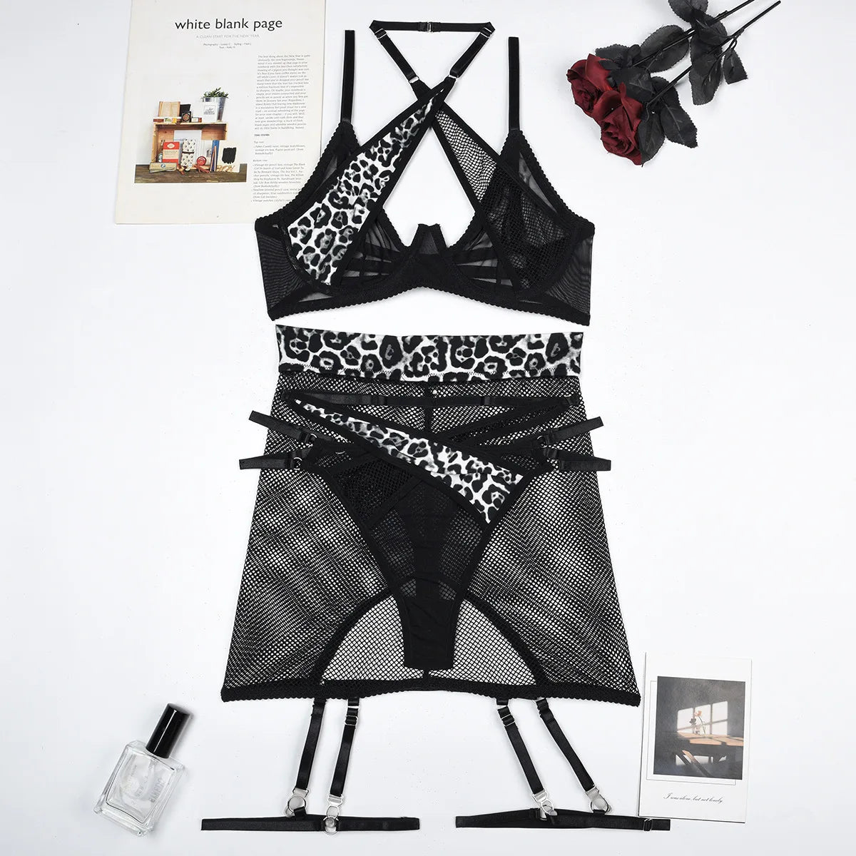 Leopard Patchwork Mesh Lingerie Set (3pcs)