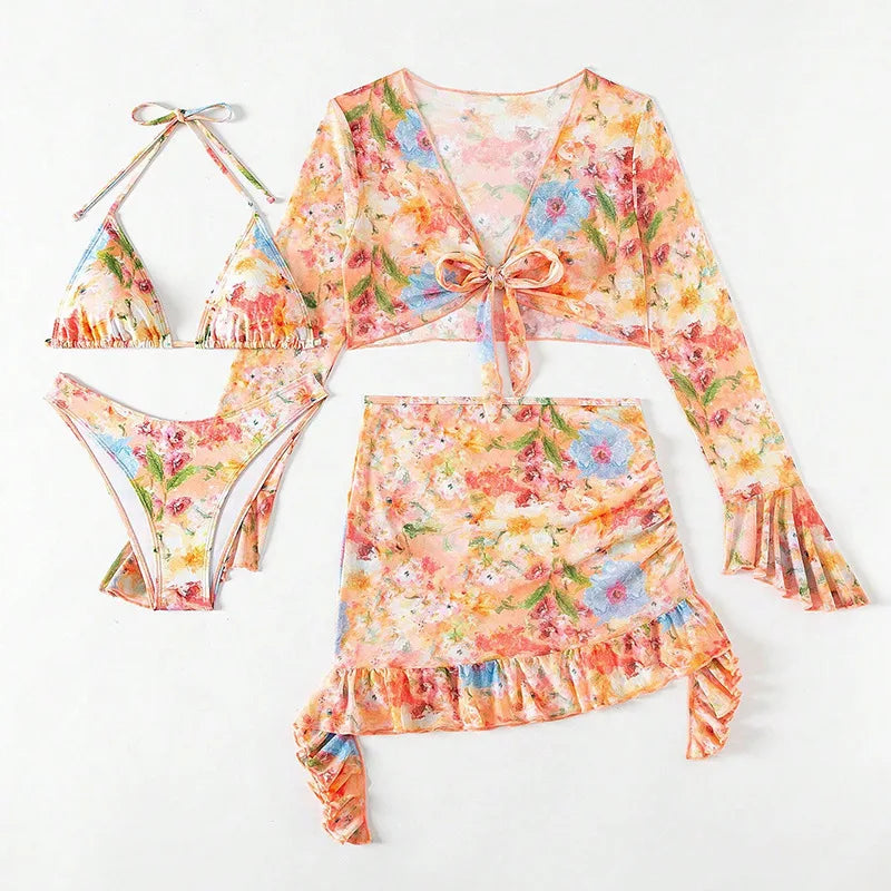Women’s 4-Piece Bikini Set – High Waist with Skirt & Crop Top