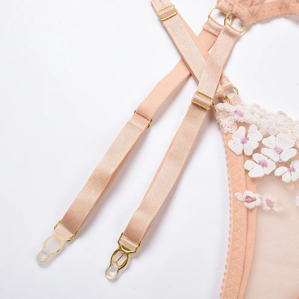 Floral Lace Transparent Bra & Thong Lingerie Set (3pcs)