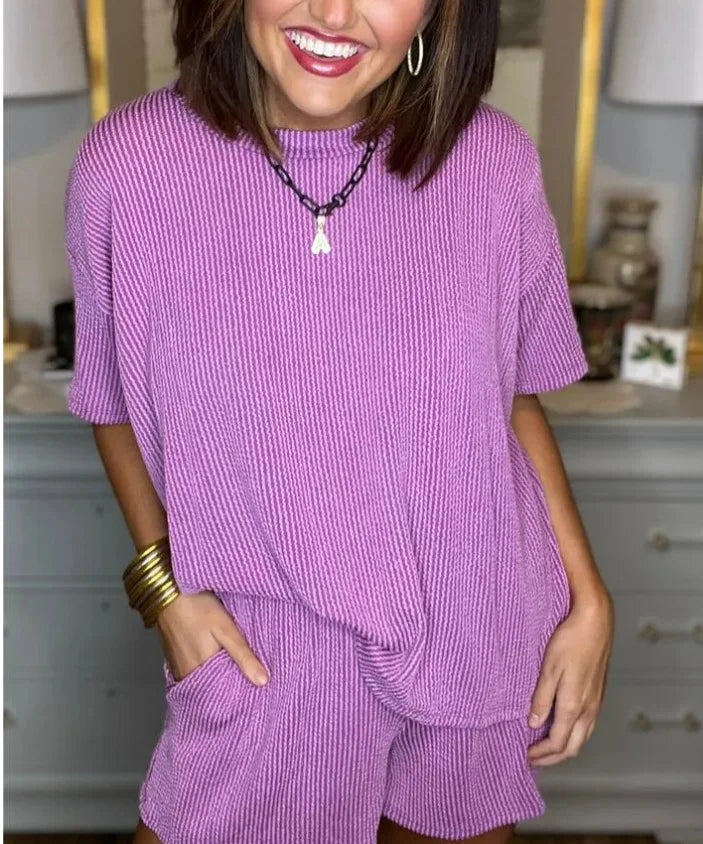 Summer 2-Piece Set – Solid O-Neck Short Sleeve T-Shirt & Loose Casual Shorts